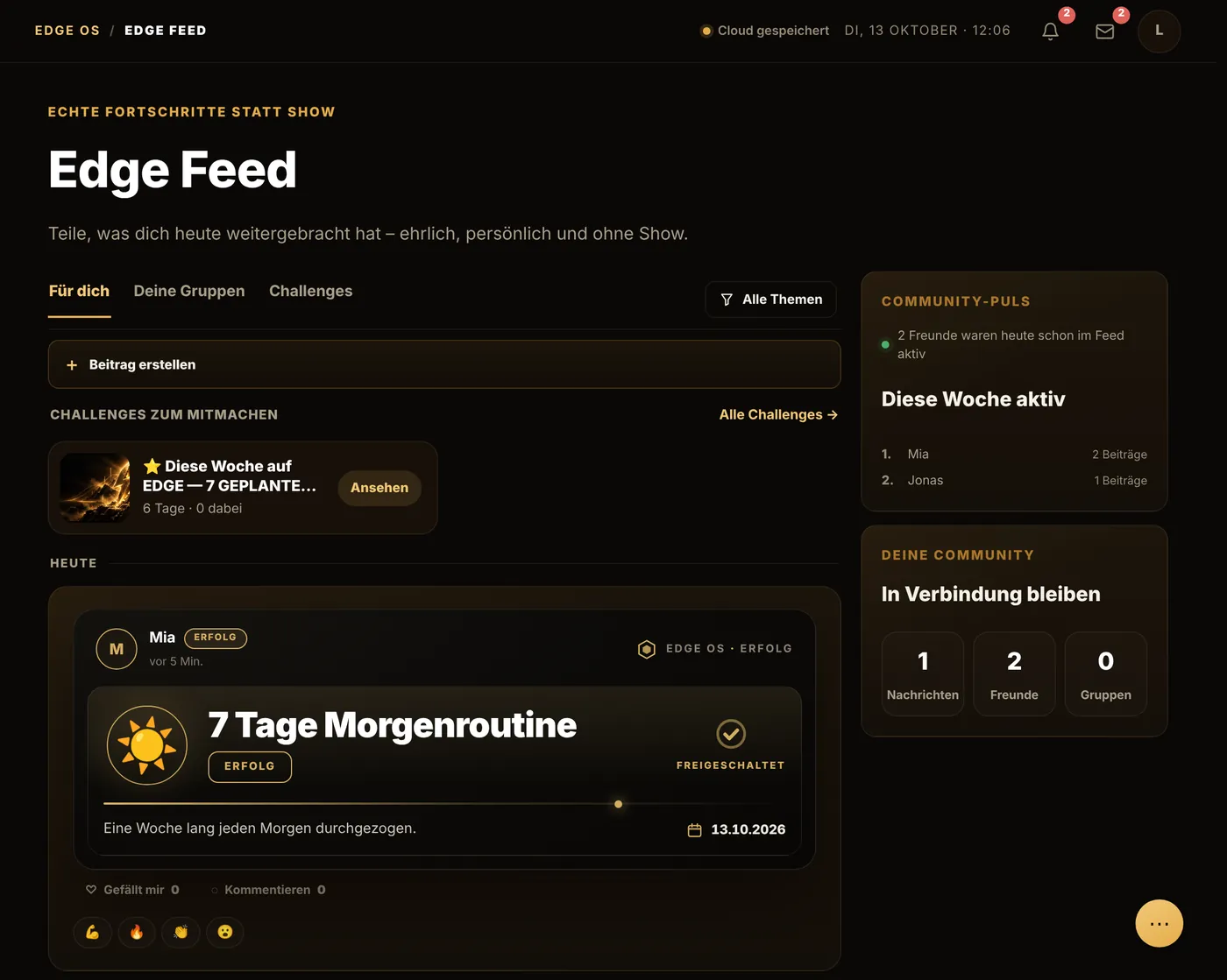 Edge Feed mit Beiträgen und Community-Puls