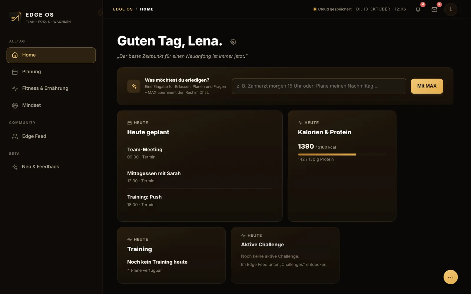 EDGE-DAY Startseite mit Tagesplan, Kalorien und MAX-Eingabe